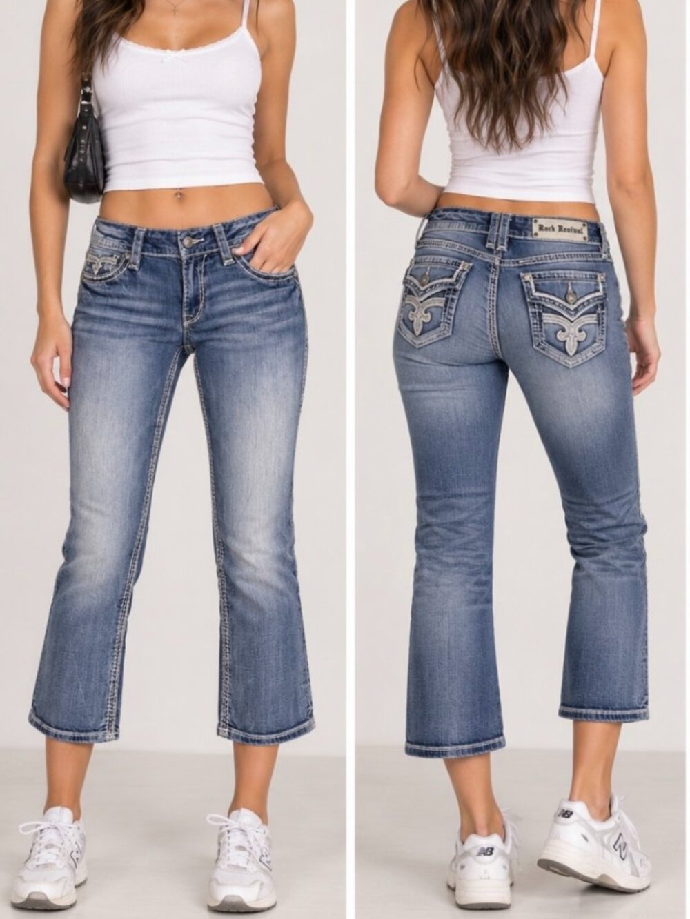 Rock Revival Fay Cropped Flare Jeans Rhinestone Distressed Size 31